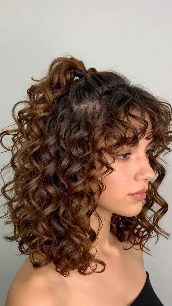 A high-resolution, hyper-realistic portrait-style photo of a stylish woman with mid-length curly hair styled into a &ldquo;Double Pony Mirage&rdquo; look: two tiny ponytails stacked on top of each other to create the illusion of more volume, with soft contour layers framing the face. The crown has a subtle tease for lift, giving the top ponytail a gentle, buoyant height. The curls are defined, bouncy, and natural-looking, with a healthy shine and rich medium-brown color with sun-kissed highlights. The subject is posed in a three-quarter view against a softly blurred, neutral studio backdrop to emphasize the hairstyle. Lighting is bright and even, highlighting the texture and volume of the curls without harsh shadows. The overall mood is playful yet polished, suitable for mid-length curls, with careful attention to realistic hair texture, scalp visibility, and natural movement. No text or branding on the image.