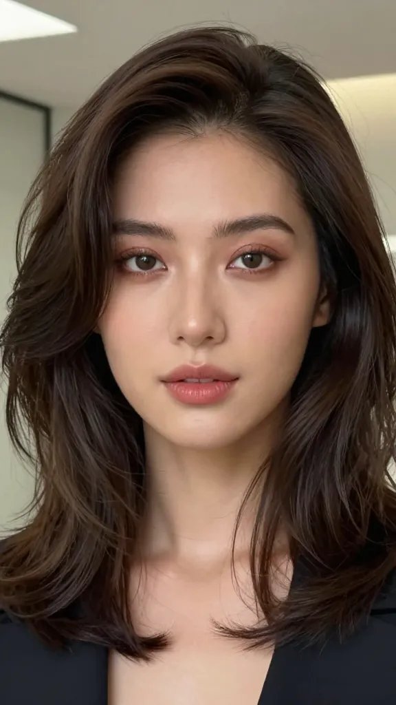 A close-up, high-resolution lifestyle portrait of a young adult woman with soft hemi-layered curls framing her head. The hair forms gentle, hemispheric layers that curve around the crown, drawing attention to her eyes. The styling is subtle, stylish, and timeless, suitable for both work and weekends. She has natural makeup with a light pink lip and softly blended eyeshadow, expressive eyes, and a confident, approachable expression. Lighting is soft yet directional to emphasize the crown framing and curls&rsquo; texture, with a neutral, blurred background that suggests a modern, professional setting. The overall look is polished, realistic, and elegant, capturing a timeless mid-length hairstyle that highlights face-framing layers. No text in the image.