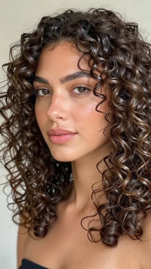 A close-up, high-resolution portrait of a woman with soft, natural curls styled into a gentle, mid-length hairstyle. She has a light, sun-kissed complexion and subtle makeup that enhances her features without overpowering the hair. A delicate shimmer spray is applied sparsely to the curls, creating a subtle, pearlescent sheen that catches the light on the curl bases and adds depth to the texture. The lighting is natural and soft, highlighting the ringlets, with a blurred, neutral background to keep the focus on the hair and shimmer. The overall mood is fresh, effortless, and confident, illustrating the idea of &ldquo;subtle shimmer with gentle curls&rdquo; in a realistic, high-quality photo. No text.