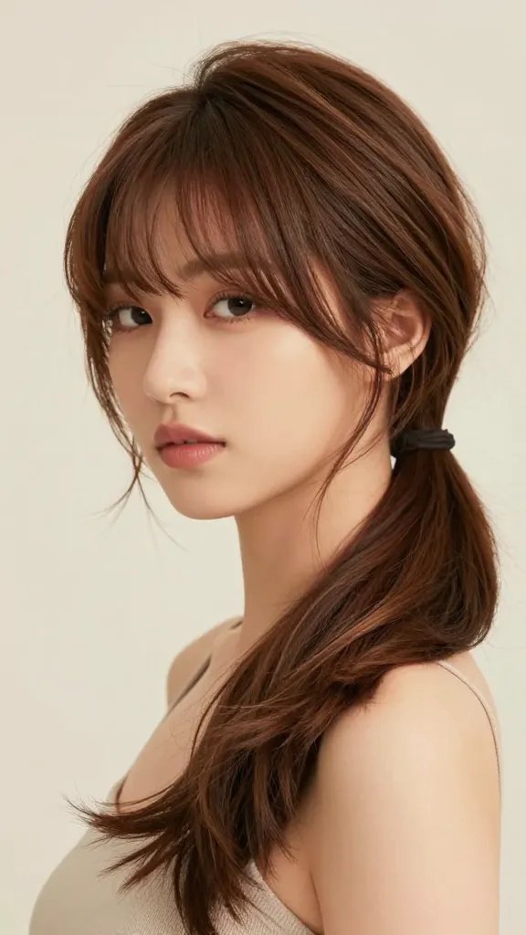 Generate a realistic, high-resolution photo of a young woman with a chic, mid-length hairstyle: a side-swept ponytail with a soft, angular face-framing layer. The ponytail should sit low to mid-height on the side, creating a gentle diagonal line across the head. The face-framing pieces should be subtle, airy, and lightly curled to enhance a flirty, flattering look. The part should be shallow and barely defined, blending smoothly into the rest of the hair for a soft transition. The hair should have natural shine with soft, sun-kissed brown tones and subtle balayage highlights. The subject should have a confident yet approachable expression, minimal makeup with a natural vibe, and be photographed against a clean, softly blurred studio or outdoor background with warm, flattering lighting that emphasizes the texture and movement of the hair. Ensure the subject is the main focus, occupying the center of the frame with a close-to-medium shot that captures the side pony, the face-framing layers, and the overall silhouette. No text on the image.