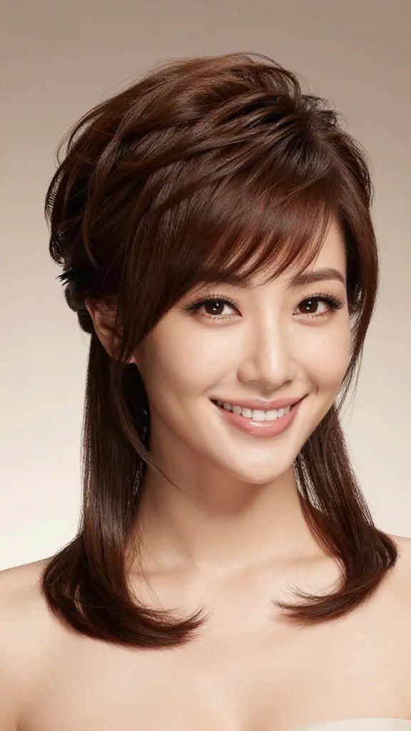 A high-resolution, studio-lit portrait of a smiling woman with a flawless complexion, centered in the frame. She has a voluminous, perfectly rounded crown puff for maximum lift, with two soft, elongated tail pieces cascading down from the sides to create subtle motion and balance. Her hair is glossy and well-defined, with gentle contour layers framing the face, achieved with a wide-tooth comb and a light hold spray for natural-looking texture. The background is a clean, neutral gradient (soft beige to light taupe) that makes the hairstyle pop. She wears elegant, understated attire suitable for a photoshoot or event, with minimal accessories to keep the focus on the hairstyle. Lighting is soft but directional, highlighting the crown puff&rsquo;s volume and the tails&rsquo; movement, while the overall image remains crisp and photorealistic, no text on the image.