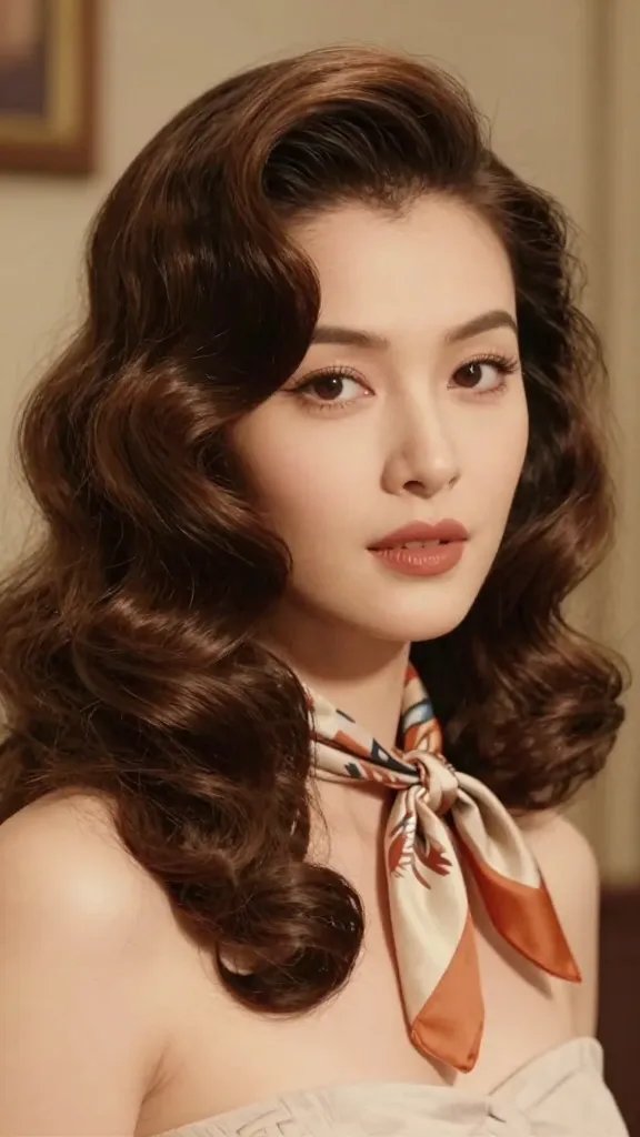 A high-resolution, realistic portrait of a stylish woman with a vintage-inspired wavy hairstyle featuring soft, retro waves that bounce around layered hair. The waves should have a classic old-Hollywood glow with modern, wearable sizing to keep the look fresh. The hair should be voluminous at the crown and gently frame the face, with defined, silky waves that cascade around the shoulders. Accessorize with a small, chic scarf tied gracefully at the side or a delicate tie, adding a pop of color and flair. The setting is softly lit indoors with warm tones, a subtle, blurred vintage backdrop, and the subject gazing slightly away from the camera to evoke timeless elegance. Ensure natural skin tones, detailed hair texture, and a polished, fashion-forward finish without any text or branding on the image.