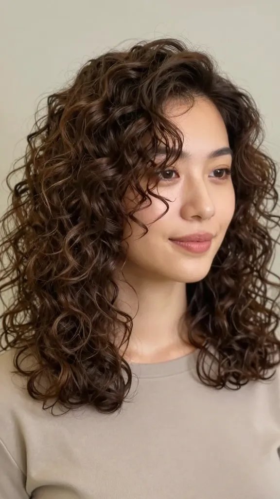 A high-resolution, candid-style portrait of a woman with shoulder-length, softly layered curly hair styled in a gentle side part that frames her face. The curls are defined and bouncy, with light layering around the temples and jawline to create an open, friendly silhouette. The lighting is soft and natural, highlighting the curl texture and the subtle, face-framing layers without appearing heavy. The subject has a calm, approachable expression, wearing a simple, solid-colored top that complements her hair color. The background is a softly blurred neutral studio backdrop to keep full focus on the hair framing and curls. Ultra-detail, realistic textures in hair with individual curl definition and silky shine. No text on the image.