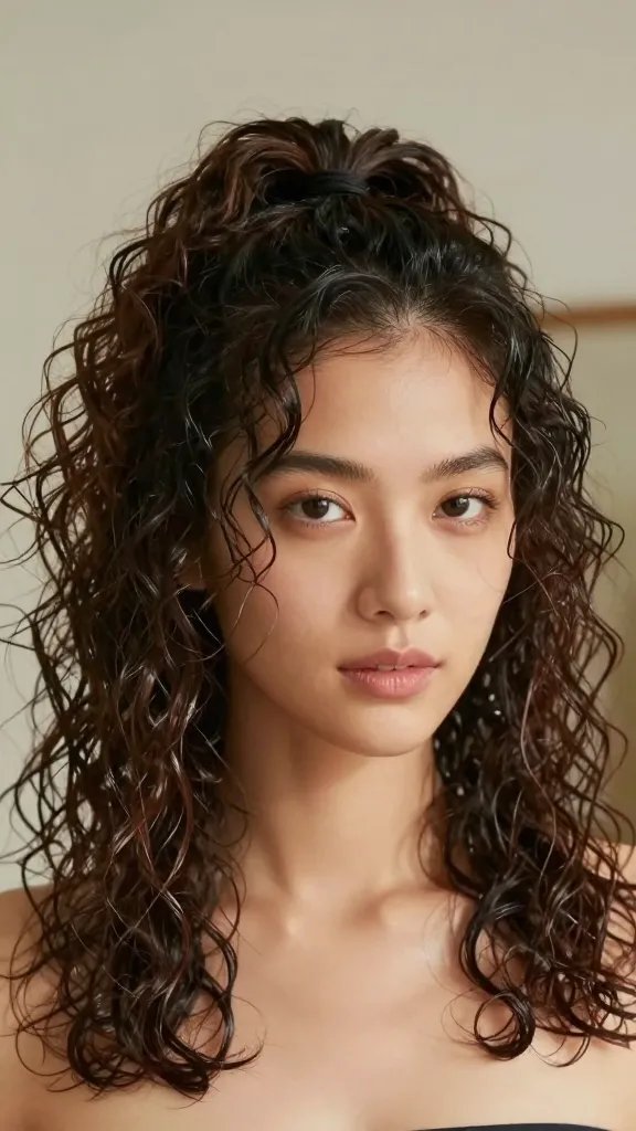 Create a realistic, high-resolution portrait of a stylish woman with a curly hairstyle featuring a high ponytail lifted at the crown using a lightweight styling cream (gel-free lift). The curls should be bouncy, soft, and movable, with a natural sheen and defined contour layers framing the face. The crown lift should look subtle yet strong, avoiding any gel shine or stiffness. The subject has damp-to-damp-looking hair as if freshly washed, with a light, casual mood and a poised expression. The background is soft and unobtrusive (neutral studio backdrop or softly blurred indoor setting) to keep focus on the hairstyle. Lighting is natural and flattering, emphasizing the texture and volume of the curls and the smoothness of the ponytail. No text or branding in the image.