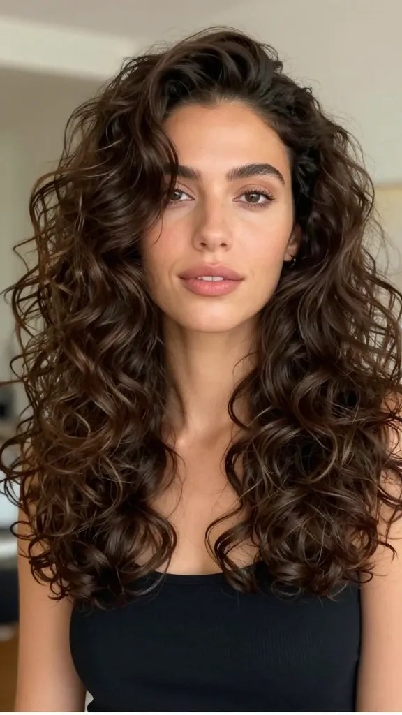 Create a realistic, high-quality portrait of a woman with mid-length curly hair styled into a Contoured Ends with Core Volume look. The hairstyle should feature soft-tapering contour ends and a voluminous base that balances the shape, giving a polished yet relaxed appearance. The lighting should be soft and flattering, evocative of intimate, date-night or desk-side glam lighting. The subject should have a confident, approachable expression, and the overall composition should emphasize the hair texture and contouring without any visible text. The scene should feel natural and relatable, as if the look is something the viewer could feasibly recreate at home. Include subtle, tasteful accessories (e.g., minimal earrings) and ensure the background is softly blurred to keep the focus on the hair and face. The image should be a single, high-resolution photograph with rich color, natural skin tones, and realistic hair shine and definition. Tone: warm, inviting, and modern.