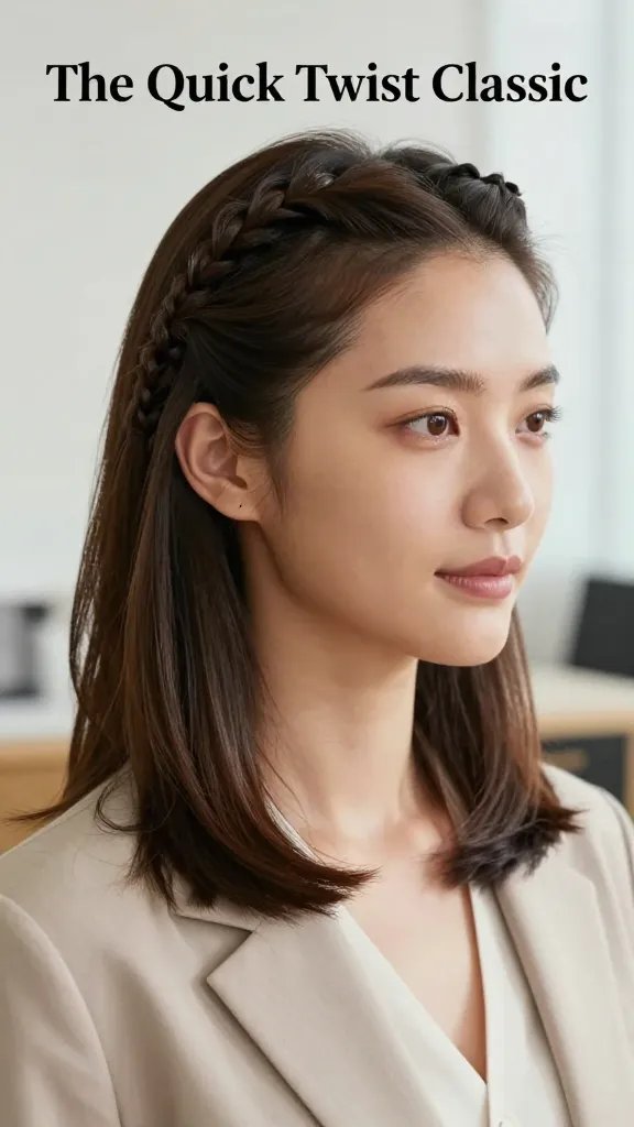 Create a high-resolution, realistic photo of a stylish woman with medium-length hair, demonstrating "The Quick Twist Classic." The scene shows a polished, professional-looking setting (soft natural lighting, clean backdrop, subtle office or brunch-y environment). The woman should have neatly sectioned hair with even twists along the crown and sides, pinned discreetly to create volume and a clean silhouette. Her hair should look smooth with a touch of flyway control, using a light, natural shine. Include a light spritz of hairspray visibly implied by the sleek finish, with the overall look portraying a quick, under-10-minutes hairstyle suitable for work meetings or casual outings. The subject should have a confident, relaxed expression, wearing smart-casual attire (e.g., a blouse or blazer) and minimal, tasteful accessories. No text on the image.