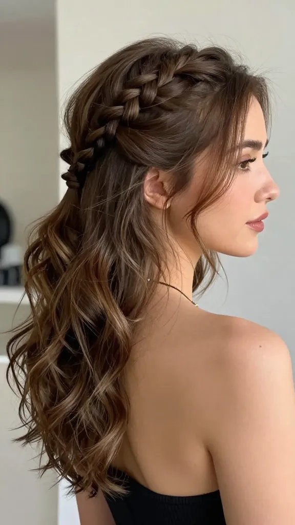 Create a high-resolution, realistic portrait of a stylish woman with medium-length hair styled in a chic half-up braid cascade. The top half of her hair is gathered and secured loosely, while a small, textured fishtail or three-strand braid adds a playful accent at the crown. The remaining hair flows softly in gentle waves, with subtle volume at the crown achieved by a light tease. The look is sophisticated yet whimsical, suitable for daily wear or a date night. The lighting is natural and flattering, capturing a soft bounce and healthy shine to ensure the hairstyle photographs beautifully. The setting is bright and modern, with a blurred, neutral background that keeps the focus on the subject and her half-up braided hairstyle. No text on the image. The subject should resemble a contemporary, fashion-conscious woman with a confident, approachable expression.