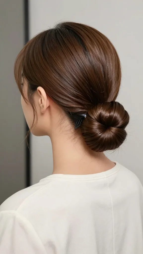Create a realistic, high-quality photo of a stylish woman with medium-length hair styled into a sleek low bun with a subtle twist at the nape. The scene should convey minimal effort with maximum impact: the bun is polished with a mirror-like shine, achieved using a shine serum, and set against a clean, modern backdrop that works with a blazer or a simple tee. The woman should have a graceful neck line accentuated by the low bun, exuding chic professionalism. Use a fine-tooth comb and a clear elastic to secure the bun, ensuring the twist detail is visible at the nape. Lighting should be soft and flattering, highlighting the smooth texture and glossy finish of the hair, with natural makeup and a poised, confident expression. No text or branding anywhere in the image. The overall composition should feel editorial yet approachable, suitable for a fashion-forward hair styling guide.