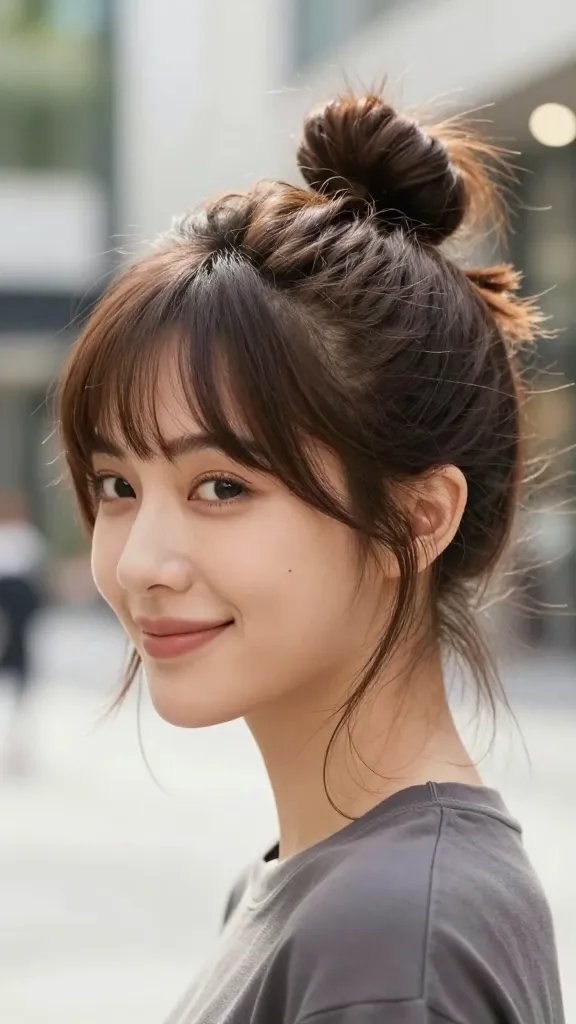 A high-resolution, realistic portrait of a stylish woman with medium-length hair styled in a chic messy bun, featuring face-framing pieces that softly frame her face. The crown has light volume from gentle teasing, with a few loose strands escaping around the temples and nape for a relaxed, effortless vibe. She wears a casual yet fashionable outfit suitable for weekend errands, with natural, minimal makeup and a confident, relaxed smile. The setting is a bright, modern urban outdoor scene with soft bokeh lights in the background, natural daylight highlighting the texture and tousled perfection of the bun, subtle shine on the hair, and a shallow depth of field that keeps the focus on her facial features and the messy bun. No text or logos in the image.