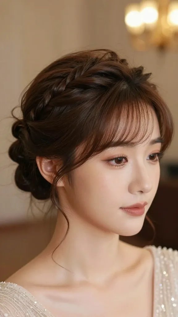 A high-resolution, realistic portrait of a woman with medium-length hair styled into a romantic "Twist and Clip Halo" halo hairstyle. The hair is softly twisted into two small sections near the temples, then pinned behind to create a gentle halo around the crown. The twists are slightly pulled to widen the halo for fullness, with a light, airy texture and natural shine. The setting is a softly lit, elegant venue suitable for a date, wedding, or fancy dinner, with warm bokeh lights in the background. The subject wears a subtly glamorous outfit appropriate for a special occasion, and a delicate, natural makeup look that complements the hairstyle. A faint, natural-looking hold suggests lightweight hairspray without stiffness. The image should be a single, crisp portrait with shallow depth of field, focusing on the halo twist detail and the subject&rsquo;s face, capturing romance and softness. No text on the image.