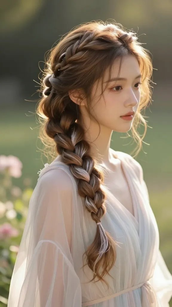 Create a high-resolution, realistic portrait of a young woman with medium-length hair styled in a graceful waterfall braid crown. The hairstyle should form a soft, cascading sequence around the crown, with loose, romantic waves framing her face. The braid strands should appear delicate and airy, with a gentle translucence where the water-like sections flow over the next strand, giving a premium yet effortless look. The braid crown should sit slightly behind the ears, secured with discreet pins hidden from view. She should be wearing a flowing, ethereal dress in a light, dreamy fabric (such as chiffon) that complements a fairytale aesthetic. The setting is an outdoor garden during golden hour, with warm, soft sunlight illuminating her hair and dress, gentle bokeh in the background, and a hint of greenery and soft floral elements. The subject should have natural makeup, a serene expression, and a poised, graceful pose that conveys drama without fuss. The image should be photorealistic, richly textured, and with depth of field that keeps the subject crisp while softly blurring the background. No text on the image.