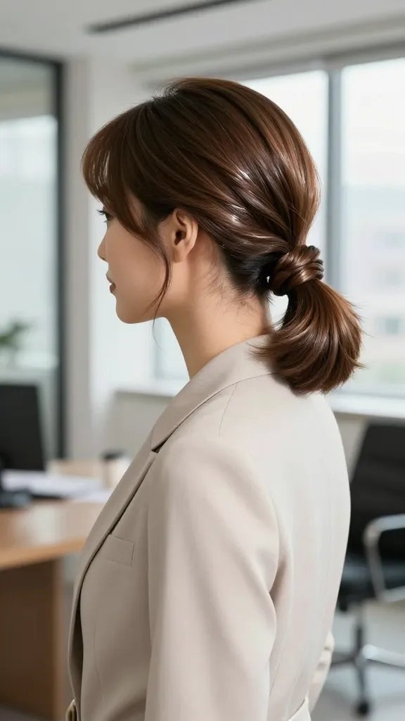 A high-resolution, studio-quality portrait of a stylish woman with medium-length hair styled in a side-swept low pony with a twist, positioned slightly to the side to showcase the twist detail near the ear. The pony is sleek and polished, with a small, elegant twist at the base hidden by a wrapped hair strand around the elastic. The subject is wearing a chic office-appropriate outfit in neutral tones, standing against a softly lit, modern interior backdrop with natural light streaming through windows to highlight the hair&rsquo;s shine and texture. The look conveys a seamless transition from desk to drinks, with a confident, approachable expression. The scene emphasizes a flawless finish with subtle shine, defined ponyline, and crisp edges, and should read as a professional, photo-friendly hairstyle captured in a real-life lifestyle or fashion editorial setting. No text on image.