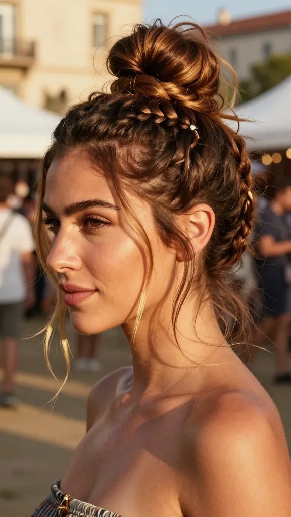 Create a high-resolution, natural-looking photograph of a woman with medium-length hair styled into a Bohemian braided bun. The scene should embody boho vibes with texture and volume, looking artsy yet practical. The bun should incorporate small, delicate braids woven into the updo and several loose strands pinned softly outward around the face and nape. End with glossy, healthy-looking hair sheen from a light touch of hair oil on the ends. The setting is a sunlit outdoor summer festival environment or a casual urban/workday backdrop, with warm, golden-hour lighting that enhances natural hair color and texture. The subject should exude confidence, with relaxed shoulders and a gentle, aware expression. No text or logos in the image.