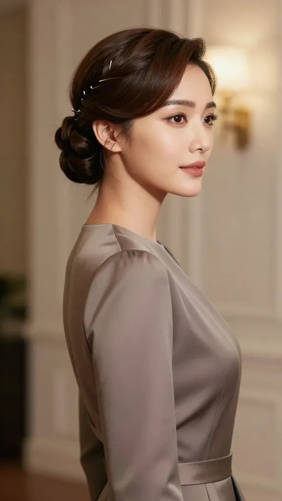A high-resolution, photorealistic portrait of a stylish woman with medium-length hair styled into a classic French twist, secured with a few delicate pins in a staggered pattern near the scalp for a clean silhouette. The subject stands gracefully in a softly lit, elegant setting (neutral-toned background with subtle ambient glow) wearing a chic, timeless outfit suitable for formal events&mdash;think a sleek, tailored dress or sophisticated blouse in muted tones. The focus is on the refined hairstyle: the textured, sophisticated twist with a polished finish, natural makeup, and a confident, poised expression. The scene conveys timeless elegance and effortless sophistication, with no visible text or branding in the image.