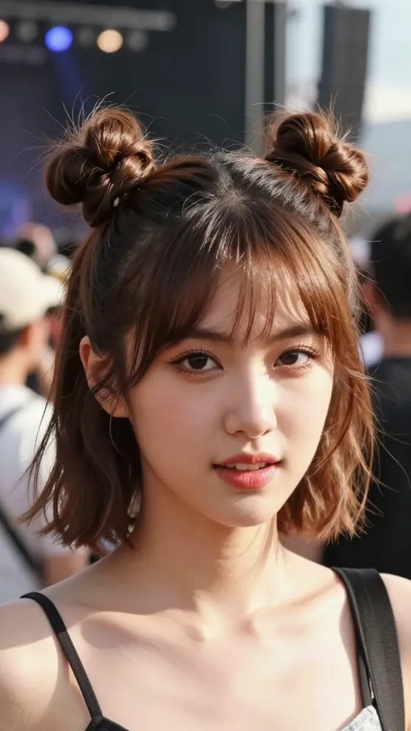 Create a high-resolution, photorealistic image of a stylish woman with medium-length hair styled into two neat, playful top knots positioned symmetrically on the crown of her head. She should be outdoors on a sunny day at a lively concert or festival, radiating carefree, fun vibes. The look should be modern and Instagram-ready, with light-hold spray keeping the knots secure as she moves. The hairstyle should show clearly defined twists forming two small buns, with smooth, glossy hair and a natural, youthful expression. The woman is the main subject and occupies the center of the frame in a medium-close portrait shot, capturing a candid, energetic moment without any text or branding on the image.