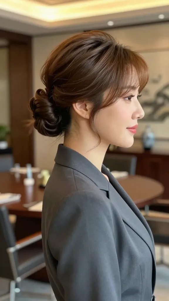 A high-resolution, ultra-realistic photo of a stylish woman with medium-length hair styled into a chignon with a modern twist: a softly loosened bun at the crown creating gentle volume, with a slightly wavy, textured surface and a polished shine. The lighting is bright yet warm, highlighting the smooth, glossy hair and the subtle, sophisticated contour of the bun. She stands in a classy, contemporary setting that could be a chic business meeting room or an elegant wedding reception venue, dressed in a tailored, elegant outfit appropriate for either occasion. The overall look exudes sophistication, effortless elegance, and modern refinement, with a natural, confident expression and flawless makeup. No text on the image.