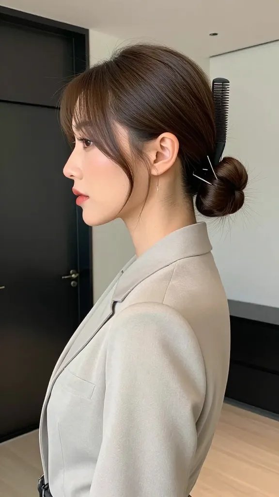 Create a high-resolution, realistic portrait of a stylish woman with medium-length hair, positioned in a sleek, modern interior backdrop. She has a defined, dramatic side part created with a fine-tooth comb, and her hair is swept into a low, polished bun at the nape of her neck. The bun is secured with two discreet pins, exuding serious polish without effort. The lighting is soft and flattering, highlighting the smooth texture of the hair and the precise part line. The mood is elegant and confident, with the woman wearing a chic, minimalist outfit (e.g., a tailored blazer or sleek dress) in neutral tones. No text on the image.