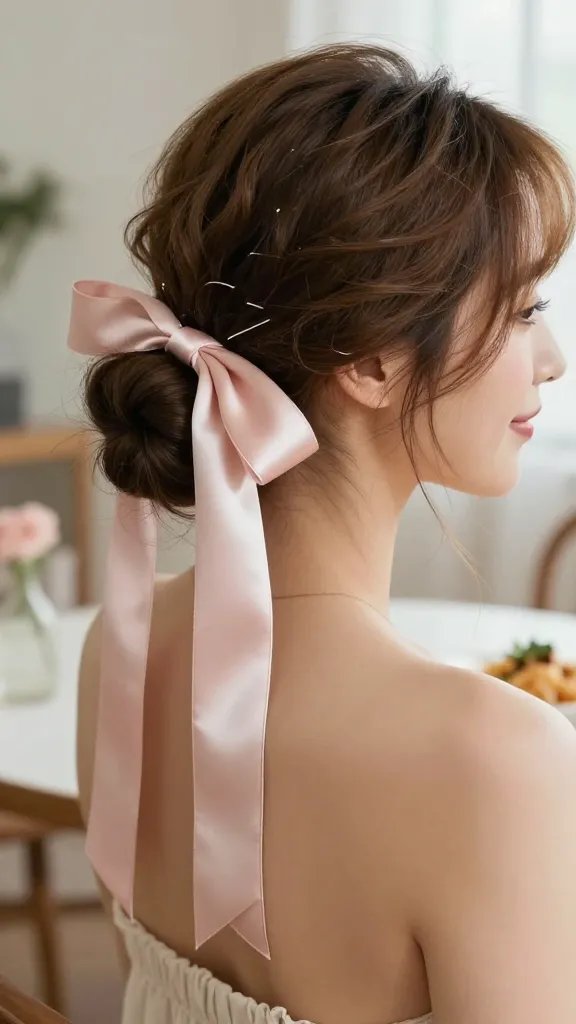 A realistic high-quality photo of a stylish woman with medium-length hair styled into a polished bun, elegantly threaded with a silky ribbon that accents the bun and adds a feminine, girly flair. The ribbon is a soft silk with a subtle sheen, tied so the ends trail lightly, and small pins are visibly securing the bun while a light-hold spray gives a natural, touchable finish. The setting is bright and brunch-ready, with soft natural light highlighting the contours of her face and the glossy ribbon. The overall vibe is chic, whimsical, and frame-worthy, with the subject posed gracefully, shoulders relaxed, and a gentle smile, no text or branding in the scene.