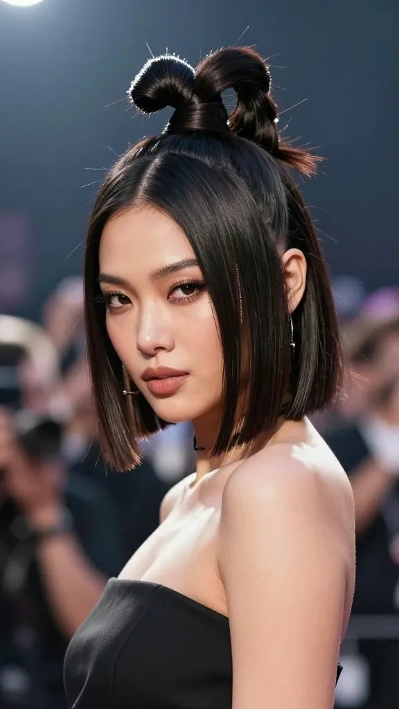 A high-quality, realistically lit portrait of a stylish woman with medium-length hair styled into a bold "Folded Crown Pony" look: two elegant loops folded across the crown and pinned in place, creating a crown-like silhouette that sits proudly atop the head. The rest of the hair is sleek, smooth, and controlled, framing her face with minimal flyaways. She stands in a fashion-forward concert or event setting with soft stage lighting and a shallow depth of field that subtly blurs a crowd in the background. Her expression is confident and edgy, with a hint of attitude, and she wears a chic, modern outfit that complements the dramatic hairstyle. The overall image conveys a bold, statement-making daily look suitable for fashion events or concerts. No text on the image.
