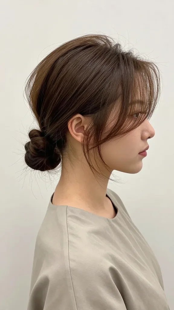 A high-resolution, naturalistic portrait of a stylish woman with medium-length hair styled in a low knot at the nape of the neck, paired with a dramatic side sweep that frames her face softly. The subject stands or sits against a clean, neutral backdrop with soft, flattering lighting that highlights the texture and shine of the hair. Her side-swept fringe gently tucks behind one ear, revealing delicate facial features and a chic, editorial vibe. She wears a minimalist, modern top in a solid color, with subtle jewelry. The low bun is neat at the nape, while a touch of texture spray adds effortless, slightly tousled texture to the strands around the crown and the swept fringe. The overall mood is polished yet approachable, embodying a ready-to-wear editorial hairstyle suitable for a fashion spread. No text or logos.