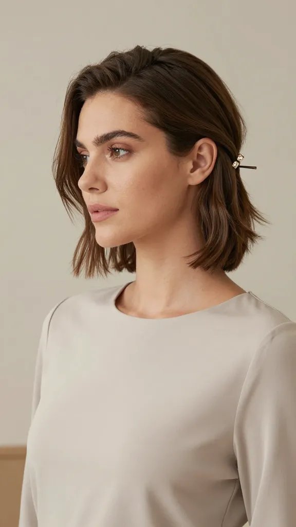 A high-resolution, realistic photo of a stylish woman with medium-length hair styled in a minimalist pin-back glam updo. The subject stands in a softly lit, neutral-toned indoor setting suitable for a fashion editorial. Her hair is smooth with a touch of light waves, pulled back at the temples, and secured behind the ear with two small decorative pins that add a subtle, elegant shine. The rest of the hair remains sleek and controlled, creating a clean silhouette. The outfit is chic and understated&mdash;a simple, well-fitted blouse or dress in a solid, timeless color to emphasize the hair and accessories. Natural makeup with a soft glow, neutral tones, and defined brows to complement the refined finish. No text or graphics in the image.