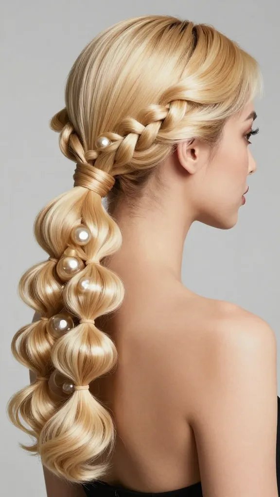 Create a hyper-realistic, high-resolution portrait of a stylish woman with a sleek, polished ponytail featuring bright blonde hair with subtle ice undertones. The ponytail should incorporate playful bubble braids created with small elastic loops, forming rounded segments along the length of the ponytail to add volume and texture without looking heavy. The base hair is smooth and glossy, with crisp, well-defined bubbles that create a modern, chic silhouette. The ponytail sits low and comfortably at the nape, giving a clean, professional appearance suitable for work, while the bubbles and bright blonde tones add a fun, date-night vibe. The lighting is soft and flattering, highlighting the shine of the hair and the texture of the bubbles. The overall look is glamorous yet approachable, conveyed in a realistic, studio-quality photo without any text on the image. The main subject should be the woman referenced by the article title, captured in a close-to-mid portrait that emphasizes the hairstyle and face.