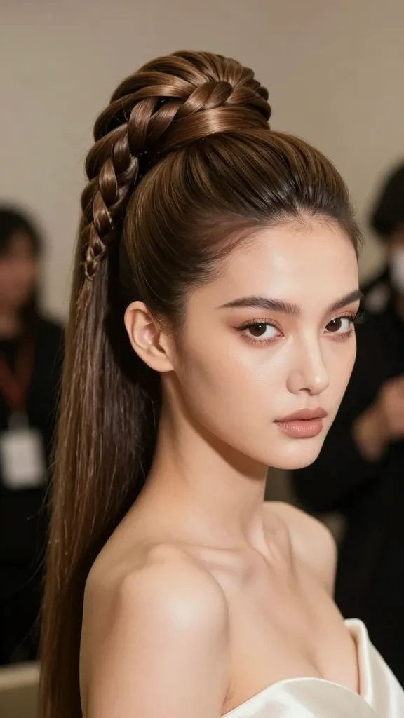 Create a high-resolution, photorealistic image of a single female model with a regal, editorial hairstyle: a halo-like crown braid wrapped around a sleek high ponytail. The crown braid should consist of delicate, evenly spaced braids forming a soft ring around the top of the head, blending seamlessly into the polished, high ponytail at the crown. The model&rsquo;s makeup should be glamorous but refined, with a luminous skin finish, defined eyes, and a subtle, natural lip, allowing the hairstyle to be the focal point. The setting is a softly lit, upscale backstage or studio environment with a neutral, slightly warm backdrop. The hair should look smooth and voluminous, with the halo braids neatly woven and secured, and a light sheen on the hair to convey healthy texture. Accessories minimal or none; the model wears an elegant outfit suitable for weddings or special nights (e.g., a simple satin or velvet dress) to emphasize the glam look. No visible text in the image.