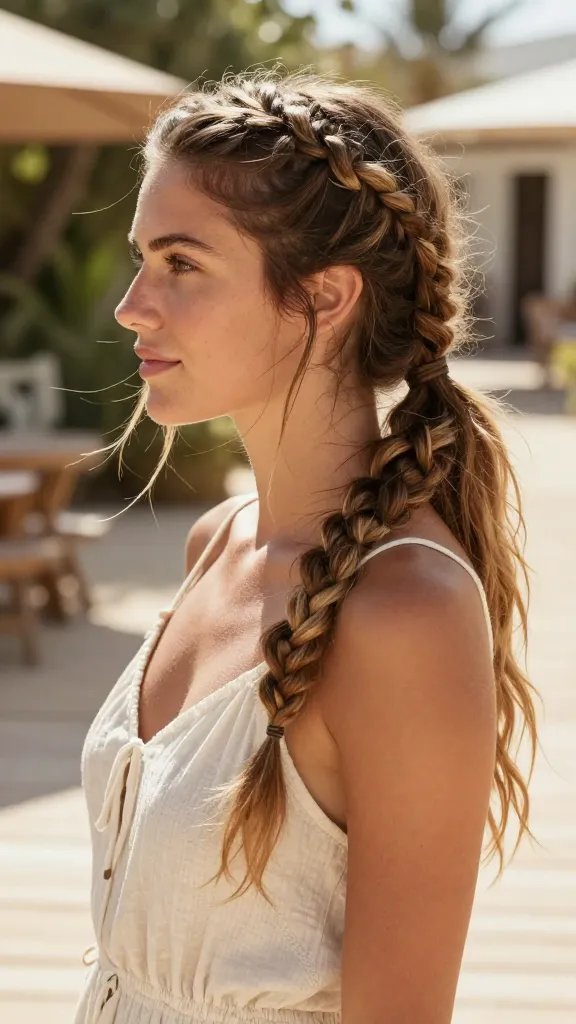 A realistic, high-quality portrait of a single woman with a radiant, sun-kissed complexion wearing a breezy summer outfit outdoors. Her hair features two delicate bread-crumb milkmaid braids that are slightly loosened, meeting into a loose, mid-length ponytail that drapes softly over her shoulders. A few face-framing strands are pulled free to soften the look, and the overall silhouette is relaxed and boho-chic. The scene is bright and warm, with gentle sunlight filtering through a casual, vacation-vibe background such as a sunlit garden or beachside boardwalk. The hairstyle should appear natural and romantic, with soft, textured braids and a slightly undone ponytail, conveying carefree vibes perfect for warm days. No text on the image.