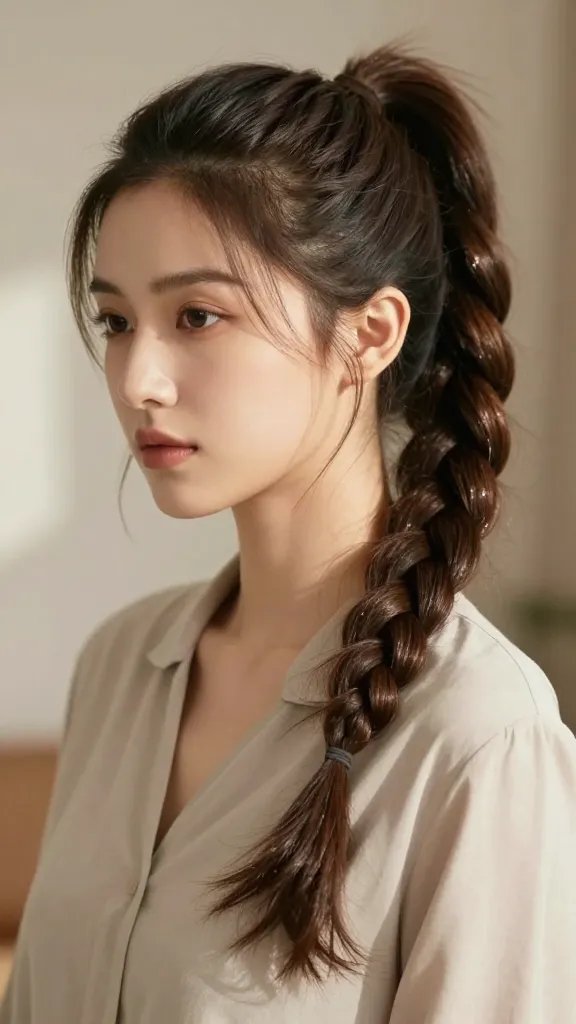 A high-resolution, fashion-forward portrait of a single young woman with a soft, natural glow, photographed in warm natural light. She has a chic side-swept fishtail ponytail, with a smooth, mid-height side part and a few relaxed strands framing the face. The fishtail braid should be prominent but gently integrated into a polished ponytail, with the end discreetly pinned to hide the elastic. The overall look is understated yet striking, suitable for office days or evening events, with a subtle sparkle conveyed through her grooming and styling rather than overt accessories. The subject's expression is calm and confident, wearing a refined blouse or blazer in neutral tones, set against a softly blurred, neutral-toned background to keep the focus on the hairstyle. The image should be ultra-clear, true-to-life, and studio-quality, with natural skin tones, delicate texture in the braid, and a gentle shine on the hair to emphasize the texture and height of the styling. No text or logos in the scene.