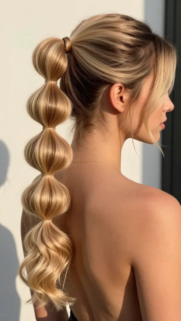 A high-fashion, photorealistic portrait of a young woman with a polished bubble ponytail hairstyle, featuring a darker root that smoothly blends into lighter, champagne-blonde ends for two-tone depth. The bubble pony should have evenly spaced, distinct puffs along the length, creating a structured yet soft silhouette. Hair color transition is seamless with color-graded roots, catching subtle reflections to emphasize dimension. The subject is posed in soft, natural light outdoors during golden hour, with clear, vibrant skin tones and a minimalist background to keep focus on the hairstyle. The look is fresh, chic, and camera-ready for photoshoots, with the bubbles appearing evenly sized and neatly separated to avoid bulk. No text in the image.