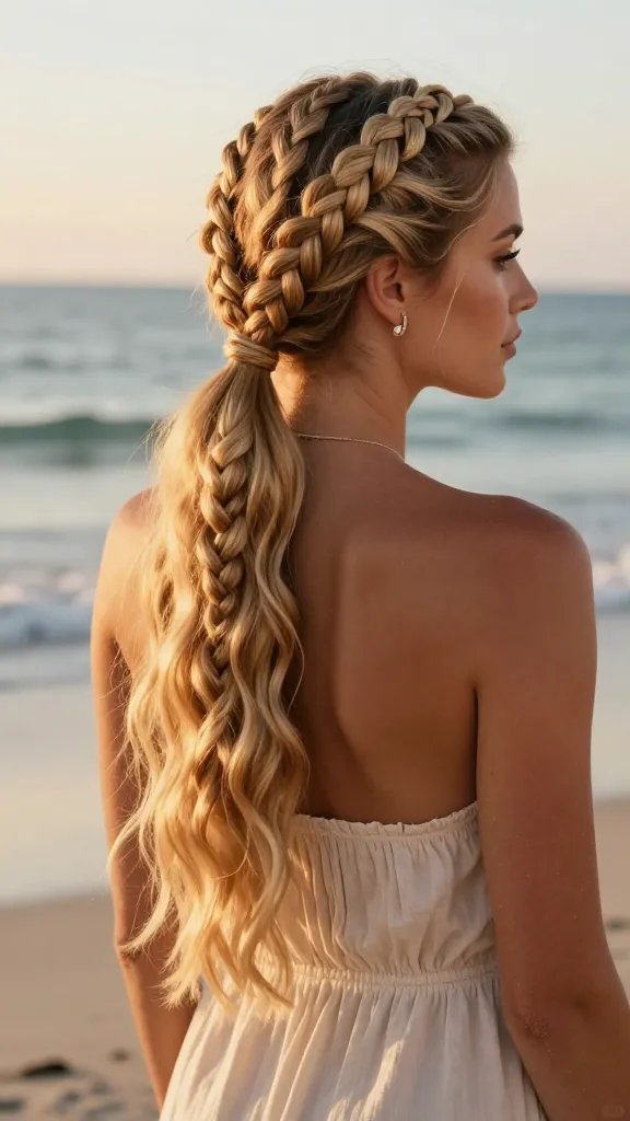 A high-resolution, hyper-realistic portrait of a stylish woman with a sun-kissed complexion standing at a beach during golden hour. She has medium-length blonde hair styled into a braided rope pony: two symmetrical rope braids wrap around the crown and meet at a low, sleek ponytail that flows into soft, beachy waves toward the ends. The braids should show a textured, spiraled pattern with visible weaving and subtle sea-salt texture for extra grip. The overall look is polished yet relaxed, exuding a sunlit, carefree vibe. She wears a light, breezy sundress in soft ivory or pastel tones, minimal but natural makeup with a dewy finish, and delicate beachy accessories such as a thin shell pendant or small earrings. The background features a calm shoreline with gentle waves, warm sunset hues, and a slightly blurred horizon to emphasize the hairstyle. Lights and shadows should emphasize the rope braid texture and the wave tail, with the sea breeze subtly ruffling the ends. No text on the image.