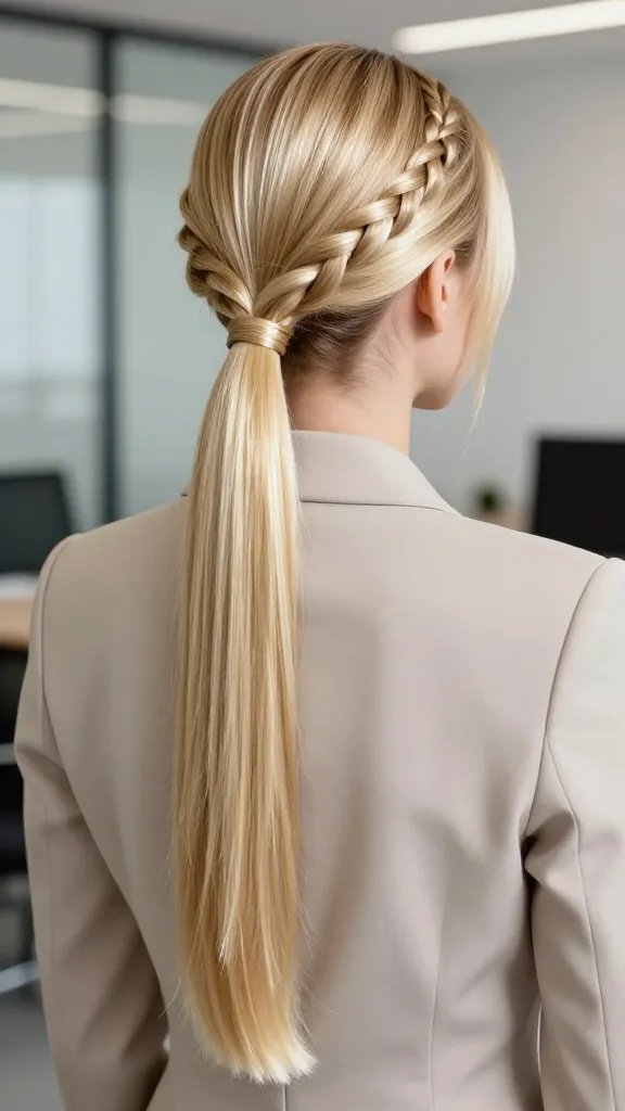 A high-quality, hyper-realistic photo of a young woman with a sleek, straight blonde ponytail featuring a minimalist braided accent along the scalp. The ponytail is smooth, shiny, and perfectly aligned, with a subtle, delicate braid woven close to the hairline on the crown, running along the side to create a refined, modern look. The hair is glossy with a mirror-like finish, and the ends appear sealed with a soft, light shine spray. The subject is styled for a professional setting, wearing a chic, tailored outfit in neutral tones, with a clean, softly blurred background that suggests an office or meeting room. The lighting is bright and natural, highlighting the reflective quality of the hair and the precise braid. No text on the image.