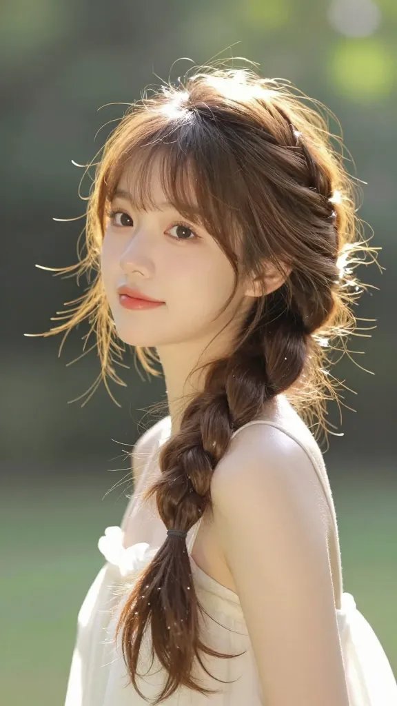 Create a high-resolution, hyper-realistic portrait of a young woman with a luminous, ethereal vibe, featuring a waterfall braid that cascades into a bright, glossy high ponytail. The waterfall sections should be slightly loosened to create natural bounce, with smaller braided strands framing the ears for a delicate halo. The hairstyle should catch sunlight to produce a soft glow and subtle sparkling highlights along the hanging strands. Set the scene in a sunlit outdoor garden on a fairytale-crisp day, with warm golden hour light filtering through gently blurred greenery in the background. The subject should have clear, radiant skin, soft makeup, and a serene, joyous expression, looking slightly off-camera to convey movement and whimsy. Ensure realism: accurate hair texture, individual strands, reflections, and natural shadows, with the ponytail positioned high and slightly off-center for a dynamic silhouette. No text on the image.