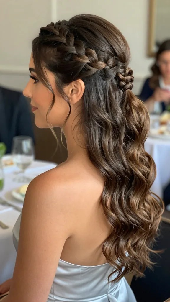 A realistic, high-quality photo of a stylish woman with a half-up fishtail pony featuring a delicate crown braid. The crown braid sits snugly around the crown, transitioning into a soft, flowing fishtail pony that cascades down with gentle waves. The hairstyle should flatter a variety of face shapes, with a polished yet comfortable look. The setting is a chic casual wedding or stylish brunch ambiance, with soft natural lighting enhancing the texture of the braids and the shine of the hair. The subject should have a relaxed, confident expression, wearing a tasteful, semi-formal outfit suitable for daytime events. No text on the image.