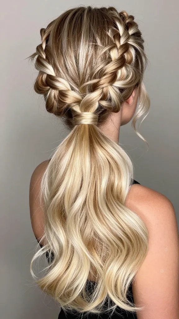 Create a high-resolution portrait of a glamorous woman with a luminous, rooty white-blonde hair color that gradually melts into a warm caramel tone, styled in a ponytail. The hairstyle should feature a mix of braids (thin and chunky) integrated into the ponytail to add depth and playfulness, with one side not heavier than the other for balance. The hair should catch light with a glossy, reflective finish, enhanced by a subtle shine serum to amplify the melt. The subject should look effortlessly chic and poised, suitable for date nights or galas, with soft, flattering lighting that highlights the color transition and braided details. The background should be neutral and unobtrusive to keep the focus on the hair and the subject&rsquo;s face, ensuring the overall image conveys glow from head to toe without any text or branding on the image. The subject should be the main focus, captured in a realistic, lifelike, fashion-photography style.