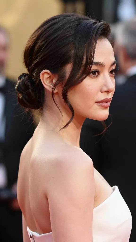 Create a hyper-realistic, high-resolution portrait of a glamorous woman on a red carpet, showcasing a Sleek Low Bun with Flirty Face-Framing Tendrils. She stands before a softly blurred, luxurious event backdrop with warm, cinematic lighting that emphasizes a glossy, polished aesthetic. Her hair is styled in a tight yet relaxed low bun positioned at the nape of the neck, with several delicate, face-framing tendrils softly curling around the jawline and temples. The part is slightly off-center for a modern edge. The overall look is effortless sophistication with a cool, quiet red-carpet vibe. Her makeup is classic and refined, featuring a flawless complexion, subtle contour, defined eyes, and a natural lip. She wears an elegant, contemporary gown with clean lines and minimal embellishment, complemented by a lightweight setting spray implied by the pristine, long-lasting finish. The image should convey romance and modern chic, with every strand, texture, and reflection of light on the bun rendered in ultra-detailed realism. No text anywhere in the image.