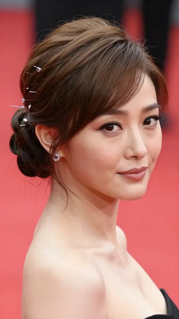 A high-resolution, realistic photo of a female celebrity with medium-length hair styled in a classic chignon with a modern edge. The updo should be polished and sophisticated, using a donut or bun form for added fullness, with a smooth crown enhanced by a light volumizing mist, and subtly concealed pins finished with small decorative accessories for a refined yet fashion-forward silhouette. The look should elongate the neck, be flawless but not overly fussy, appropriate for both ceremony and after-party, set against a soft, elegant red carpet backdrop with warm lighting, ensuring the subject is the clear main focus with natural makeup, subtle jewelry, and a poised, confident expression. No text on the image.