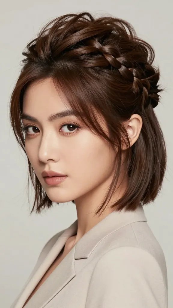 A high-resolution, photorealistic portrait of a stylish woman with medium-length hair styled in an elegant bouffant crown for dramatic volume, with a delicate side laurel braid woven along one side of the head toward the temple. The crown should show noticeable lift at the crown while the sides remain softly smoothed, with a small, intricate side braid that hugs one temple. The hair texture is glossy and natural, catching soft studio lighting that highlights shine and shape. The subject has a poised, confident expression, wearing a chic, timeless outfit in a neutral color that complements the hairstyle. A clean background with subtle, soft depth of field to keep focus on the hairstyle, no visible text or logos.