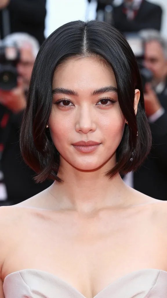 A high-resolution, cinematic close-up of a glamorous celebrity on a red carpet, showcasing a sleek center-part hairstyle with subtle waves. The hair is ultra-smooth with a refined, glossy finish, center part perfectly straight and symmetrical, ends gently wrapped toward the face for a polished look. The makeup is elegant and understated to complement the minimalist hairstyle. The lighting is bright and flattering, with a soft bokeh background of red carpet cameras and velvet ropes, capturing a modern, expensive vibe. The subject&rsquo;s shoulders are poised, wearing a sophisticated evening gown in neutral tones, jewelry minimal yet refined, and a confident, poised expression. No text included in the image.