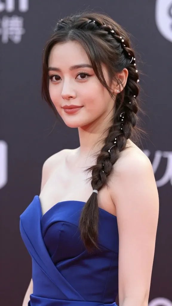 Create a high-resolution, ultra-realistic photo of a stylish female celebrity with medium-length hair, showcasing the "Deco Braid Accent" look. The main subject stands poised on a red carpet or press backdrop, wearing a sleek, elegant gown in a bold color that pops on camera. The hairstyle features a thin, decorative braid wrapped along the side of the head, secured with a tiny clear elastic, with soft wisps of hair framing the face to soften the edge. Optional tiny pearls or rhinestones are subtly embedded in the braid for a touch of glam. The overall vibe is polished and camera-ready, with the braid providing texture and personality without overwhelming the hairstyle. Lighting is bright and flattering, highlighting the shine of the hair and the detailing of the braid, and the background is softly blurred to keep the focus on the subject. No text on the image.