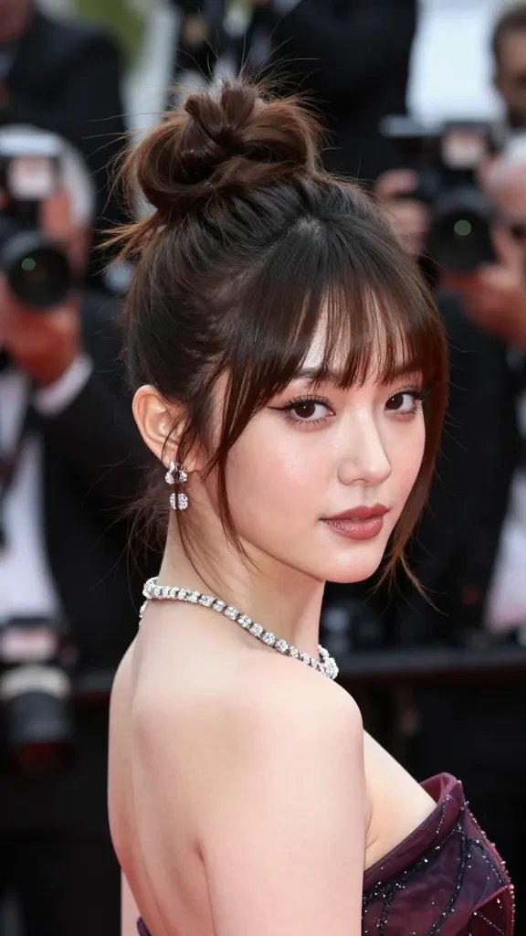 A high-fashion portrait of a stylish celebrity on the red carpet, featuring a medium-length hairstyle styled into a high knot perched boldly on the crown with two to three face-framing strands left loose. The knot should sit slightly off-center for a modern, rebellious vibe, with the loose strands softly framing the cheekbones and jawline. The hair around the knot is slightly loosened to enhance movement and texture, achieving a carefree yet sophisticated look. The subject is wearing an elegant gala-appropriate gown in rich color, with dramatic but tasteful jewelry, and a subtle, radiant makeup look that highlights glowing skin and defined eyes. The background is a blurred red carpet with camera flashes, giving a glamorous, cinematic atmosphere. The lighting emphasizes the shine and texture of the hair, capturing the high knot&rsquo;s height and the airiness of the loose strands, with a shallow depth of field to keep the focus on the hairstyle and the subject&rsquo;s confident expression. No text on the image.