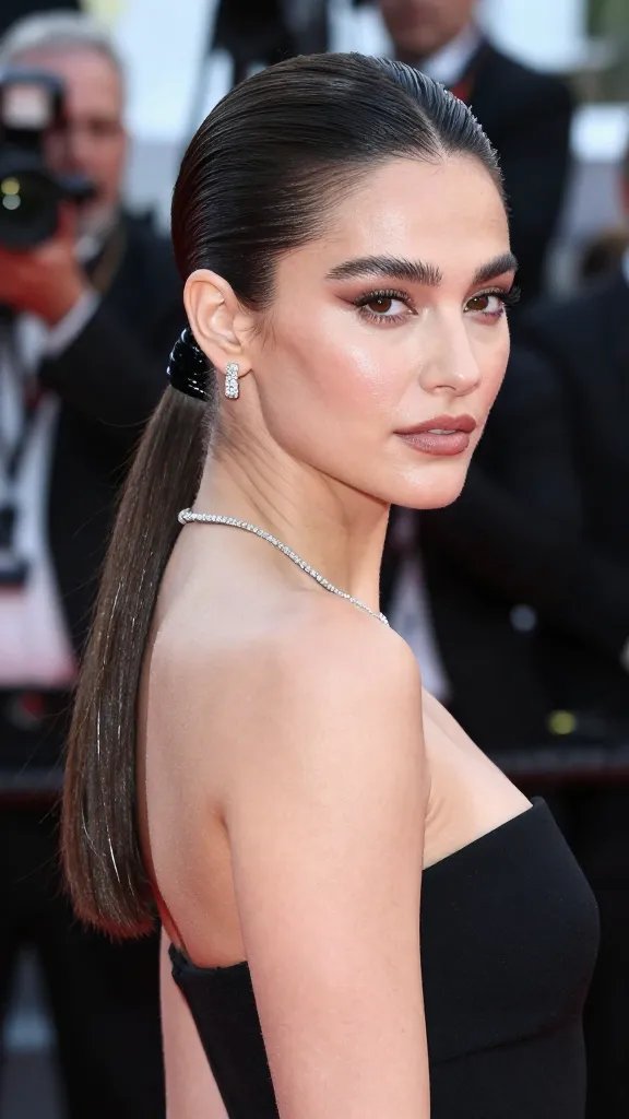A highly realistic, high-resolution editorial portrait of a glamorous celebrity with a flawless complexion, wearing a sophisticated black evening gown and delicate jeweled jewelry. The subject is styled in a sleek, modern low ponytail: ultra-smooth hair pulled taut at the nape, with a small section wrapped around the base to conceal the elastic, and a subtle shine to emphasize a polished finish. The lighting is soft yet dramatic, highlighting the face and jewelry while creating gentle shadows that enhance facial features. The background is a softly blurred red carpet environment with hints of photographers and velvet ropes, but kept out of focus to keep the subject as the focal point. The overall mood is confident, elegant, and after-party chic, conveying minimalist luxury and an editorial, high-fashion vibe. No text visible on the image.