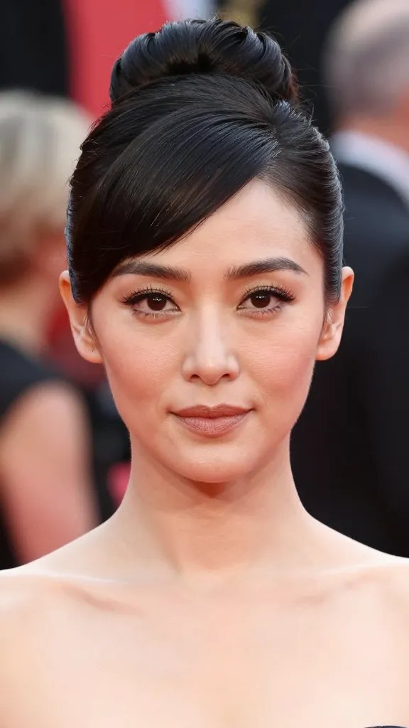 Create a photorealistic, high-resolution studio portrait of a female celebrity on the red carpet, centered in the frame, showcasing a Classic Chignon with a Modern Twist. The hairstyle should be a sleek, low bun with subtle crown teasing for subtle texture, a clean center or softly off-center part, and a polished, glossy finish with light-reflective shine spray. Include a refined side-swept fringe option for drama subtly integrated into the style. The subject&rsquo;s neck and jawline should be clearly highlighted to emphasize elegance and flattering lines, with a poised, confident expression and natural makeup that enhances features without distraction. The background should be a blurred red carpet scene with soft bokeh lights and fashionable, upscale attire visible, ensuring the focus remains on the hairstyle. Lighting: soft, flattering studio lighting with gentle highlights to accentuate the knot and texture, no text or logos anywhere in the image.