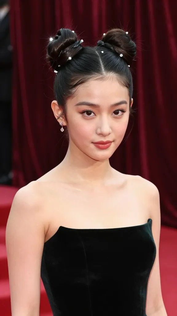 Create a high-quality, photorealistic portrait of a glamorous female celebrity on a red carpet, showcasing "Space Buns with Evening Edge" hairstyle. The hair is styled into two sleek, polished space buns centered on the crown with a center part, each bun neatly twisted and secured with subtle metallic pins. The look exudes luxe youthfulness with jeweled pins and a delicate metallic hair cuff catching camera flash. The subject's makeup is sophisticated and radiant with a luminous complexion, defined eyes, and a soft rose lip. The outfit should be an elegant, floor-length evening gown in a classic color (e.g., deep emerald or velvet black) with refined jewelry, poised in front of a velvet-draped backdrop and subtle red carpet lighting. The hairstyle should have smooth, glossy strands, light serum shine, and a touch of sparkle spray for camera-ready gloss, ensuring a polished yet playful vibe suitable for a red carpet moment. No text on the image.