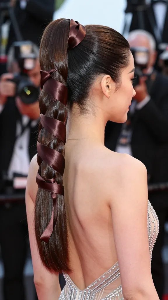 A high-resolution, editorial-style photograph of a glamorous female celebrity on a red carpet, wearing a sophisticated evening gown with a statement ribbon-wrapped ponytail as the focal hairstyle. The ponytail is secured high at the crown with a lush satin ribbon that matches the wearer's dress, wrapped neatly around the base and trailing slightly. The hair is sleek and glossy with a seamless wrap, and a light boar-bristle brush stroke adds shine along the lengths. The look exudes a finished yet comfortable vibe, appropriate for an awards-show after-party moment. The background features a softly blurred red carpet with photographers, camera flashes, and subtle sponsors&rsquo; logos in muted tones to emphasize the subject. The lighting is cinematic and flattering, highlighting the ribbon texture, the polished ponytail, and the diamond accents on the dress. No text on the image.