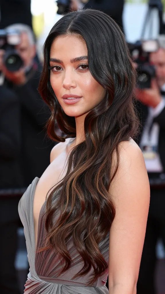 A high-resolution, photorealistic portrait of a glamorous woman on a red carpet, showcasing a textured long bob (lob) with subtle, intentional waves. The hairstyle looks natural yet purposeful, with soft, lived-in waves created by a large barrel wand and a hint of length from discreet extensions blended seamlessly into the hair. The styling exudes confidence and cool, with a light, flexible-hold shine spray giving a healthy, frizz-free finish. The subject is wearing a chic, elegant evening gown and minimal, polished makeup to keep attention on the textured hair. The backdrop features a red carpet setting with soft bokeh lights and photographers in the background, ensuring a vivid, upscale celebrity vibe. No text on the image.