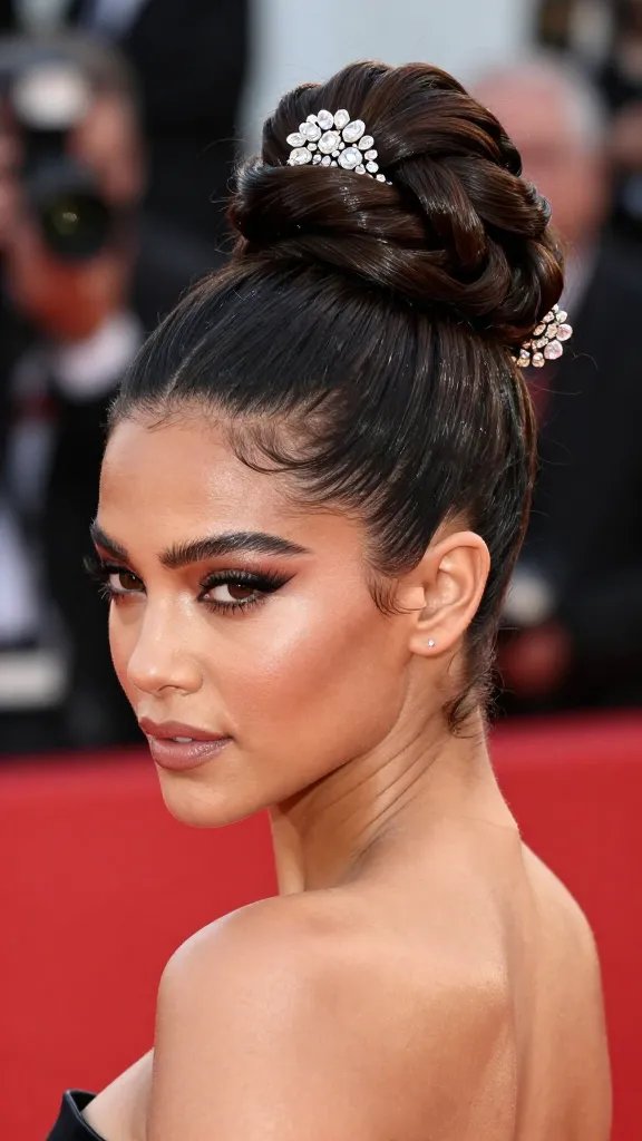 Create a hyper-realistic, high-resolution photo of a glamorous female celebrity on a red carpet wearing a dramatic high updo with intricate twists. The hair should form a voluminous, sculpted bun with woven twists pinned securely, and a striking statement accessory placed above or at the side of the head (crystal, floral, or metallic pin) that steals the spotlight. The accessory should be sparkling and elegant, catching camera flashes. The overall look is polished with hydrated, glossy hair to avoid stiffness. The subject should be captured from the shoulders up to mid-back, facing slightly to the side with a confident, red-carpet pose. The background features a blurred red carpet backdrop with subtle bokeh lights and a hint of photographers. The lighting is studio-quality, flattering, and luminous, highlighting the texture of the twists, the volume of the bun, and the shine of the accessory. No text or logos in the image. The subject represents the concept of "11. High Drama Updo with Accessories" and exudes star power suitable for a show-stopping dress or jewelry collection.