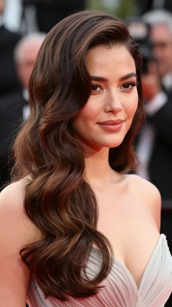 Create a high-resolution, cinematic close-up of a female celebrity on a red carpet, showcasing soft mermaid waves with an invisible center or side part. The hair should be glossy and fluid, with waves curling in one direction, brushed through lightly for a seamless, luxurious look. Include minimal teasing at the crown for lift, and a light-hold spray sheen to maintain shine without stiffness. The hairstyle should convey an expensive, effortless vibe suitable for glam beachy night events or press tours. Lighting should be warm and flattering, with shallow depth of field to softly blur the background, preserving focus on the hair and the subject&rsquo;s face. The subject should have natural makeup, subtle glossy lips, and a poised, confident expression, wearing an elegant evening gown appropriate for a red carpet. No text or graphics in the image.