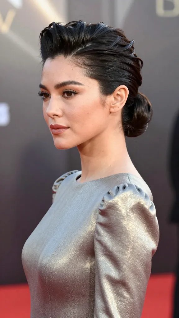 A high-resolution, editorial-style portrait of a glamorous celebrity on a red carpet, showcasing a puff-sleeve glam look with a low bun. The subject stands against a softly blurred metallic backdrop with subtle spotlighting that creates dramatic yet refined contrast. Focus on volume at the crown with a teased, structured bump and a sleek, low bun at the nape, with smooth, polished sides and minimal flyaways tamed by a soft brush. The hair should appear glossy and natural, with a delicate, almost invisible hairnet used for extra hold, enhancing a flawless finish. The subject wears a structured, metallic gown with clean lines that complement the hairstyle, and the overall composition conveys a sophisticated, camera-ready moment suitable for a fashion-forward red carpet. No text overlays. Realistic lighting, shallow depth of field, and crisp detail on hair texture, bun precision, and fabric sheen.