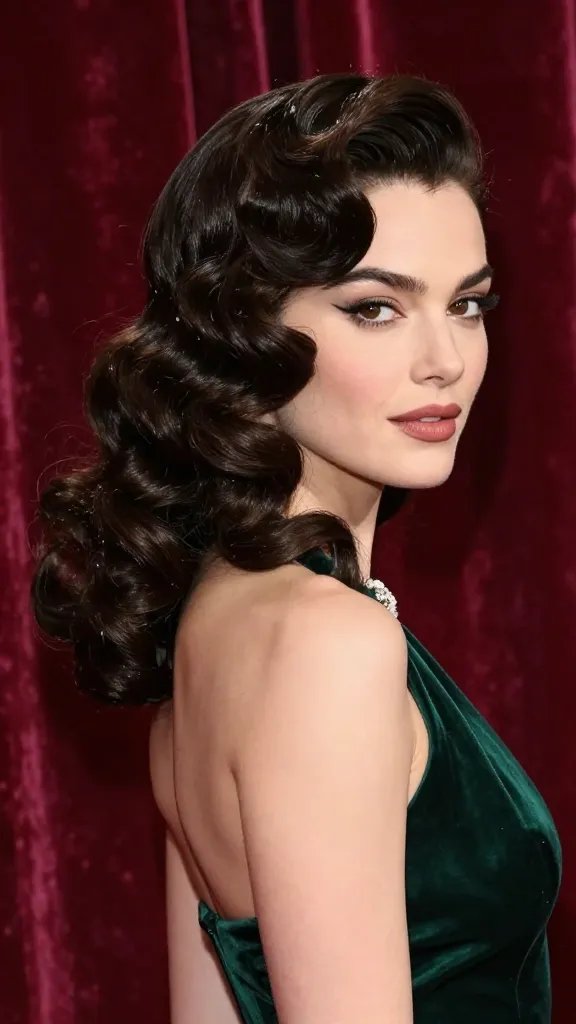 Create a hyper-realistic, high-resolution image of a glamorous female celebrity on a red carpet, showcasing a 16. Vintage Velvet Roll with Soft Curls hairstyle. The subject stands confidently in front of a luxurious velvet backdrop with soft, warm lighting that enhances rich textures. Her hair is styled into a voluminous, architectural velvet roll at the back of the head, securely pinned, with the ends curling softly to frame the nape and shoulders. The hair should have a subtle sheen and a textured finish, with light mousse added to maintain lift and shape. The rest of the hair flows gently into loose, romantic curls around the sides and ends. She wears an elegant retro-inspired gown or couture moment, perhaps in deep jewel tones like emerald or ruby, with delicate jewelry. The makeup is classic glam&mdash;soft smoky eyes, defined brows, and a nude or rose lip. The overall mood is vintage luxury meets modern red carpet, capturing a moment of poised sophistication. No text or logos on the image.